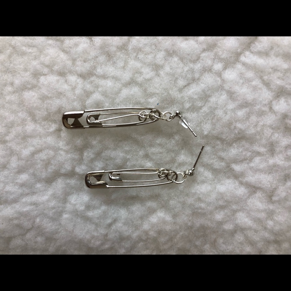Handmade layered safety pin dangle earrings sterling silver metal hypoallergenic